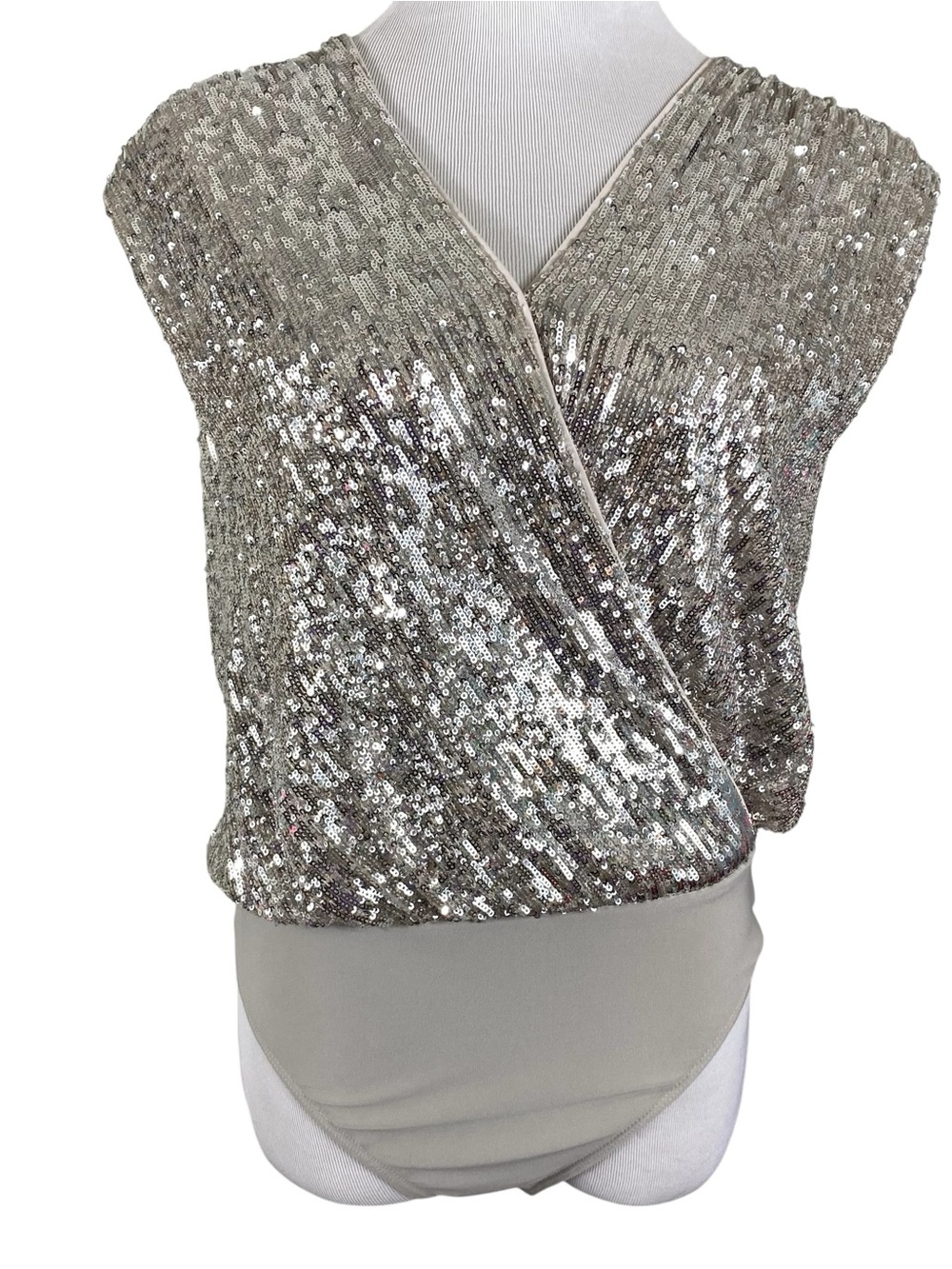 Express Womens Bodysuit Size M Beige with Silver Sequins Faux Wrap V Neck Party
